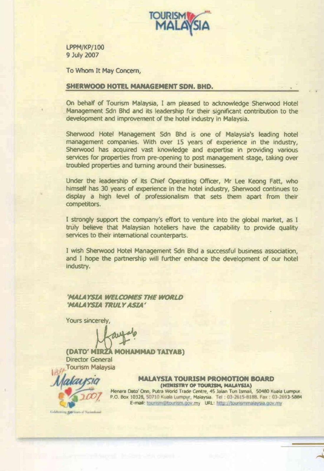 Letter of recognition from Tourism Malaysia, 9 July 2007